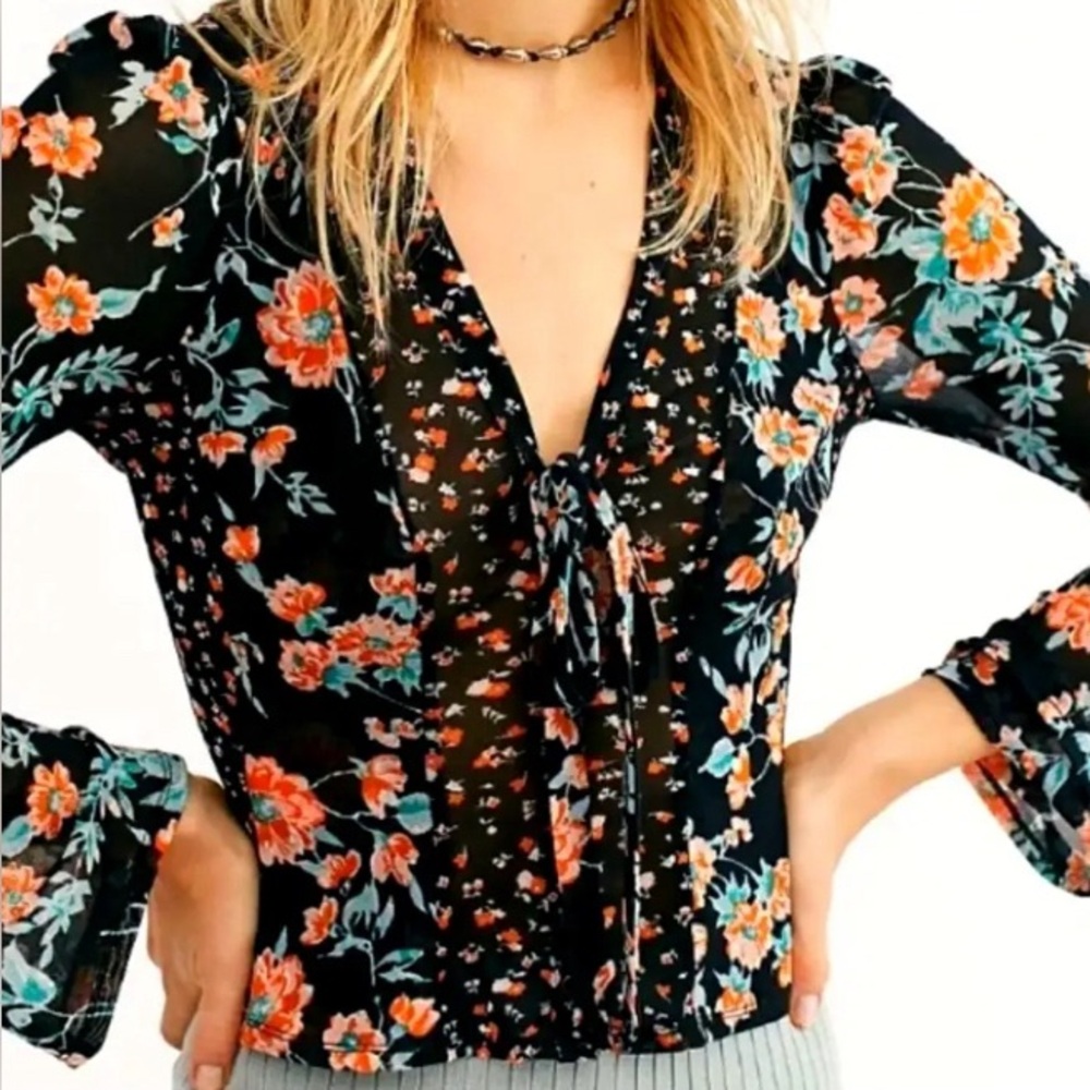 Free People Casablanca Black Mesh Floral Tie Top Sheer Bell Sleeves Size Small